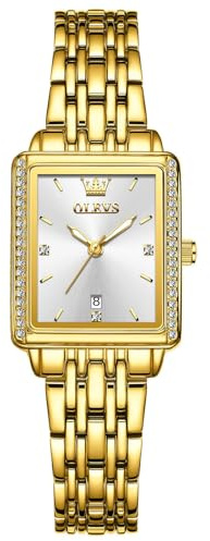OLEVS Orologi Da Donna Quadrato Delicato con Facili Da Leggere Lusso Gold Watch Women Acciaio Inossidabile Elegante Bianco Quadrante Orologio Donna Piccolo Impermeabile Orologio con Data del Giorno