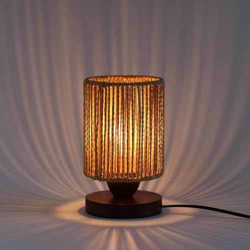 DKCONONY Small Rattan Table Lamp for Bedroom, Boho Bedside Lamp with Warm LED Bulb, Handwoven Wicker Nightstand Lamp for Nursery, Entryway & Dorm, Mini Ambient Night Light with Wood Base (8.6 Tall)