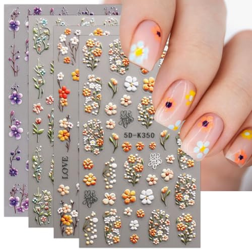 JMEOWIO 3D Nagelsticker Blumen Nail Art Sticker Selbstklebend Nagelaufkleber 5D Stereoskopisch Herbst Blumen Dekoration Nageldesign Zubehör 4 Blatt