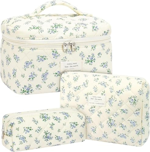 GSenhui 3pcs Kosmetiktasche Damen Gesteppte Kulturtasche Set Make Up Tasche mit Blumenmuster, Kulturbeutel Wasserdicht Tragbare Schminktasche Cute Cosmetic Bag für Mädchen