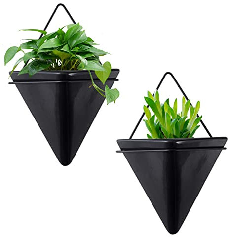 Wall Planter 2PCS 6 Inch Triangle Wall Mount Ceramic Planter Punch-Free Geometric Hanging Hydroponic Pots Decor for Succulent, Cactus, Faux Plants, Hanging Planters Baskets