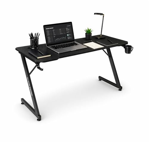 Alpha Gamer Gemina RGB Escritorio Gaming 140x60 cm, Iluminación RGB con 21 Modos, Soporte Auriculares, Portavasos, Gestión de Cables, Superficie Texturizada de Carbono, Patas Ajustables, Negro