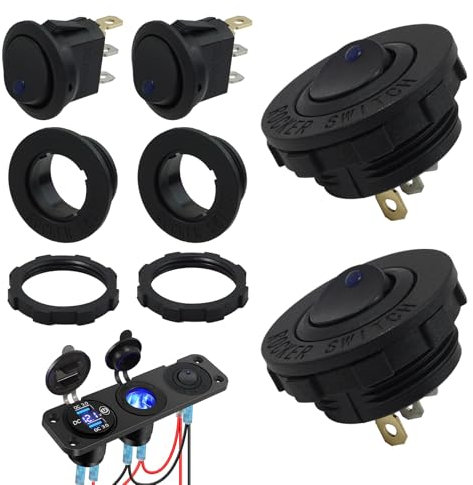 2 Stück Kippschalter 12v Wasserdicht,Rundschalter 12V 20A mit LED Blauanzeige, 3 Poliger Ein Aus Schalter 12 Volt für Auto, Boot, LKW, Wohnmobil, Mikroschalter Mini Lichtschalter Set mit Gehäuse
