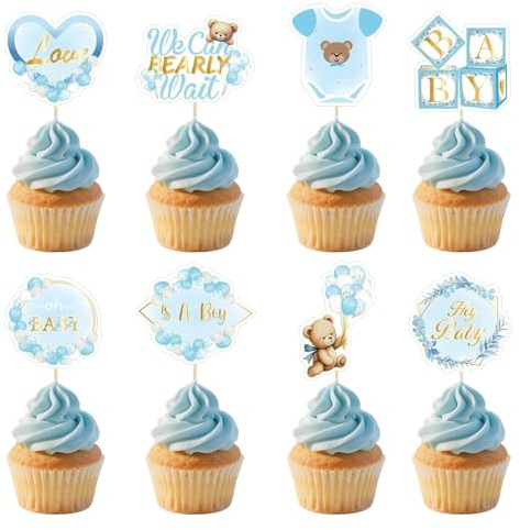 Axvxby 48 Stück Baby Boy Cupcake Toppers Babyparty Deko Junge Blau Gender Reveal Topper Deko Baby Shower Taufe Kuchen Deko Muffin Deko für Babyparty