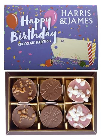 HARRIS & JAMES Happy Birthday Gift Box (6 Pack) Filled With Milk and White Chocolate Truffles. Handcrafted Chocolate In Three Flavours Eton Mess, Salted Caramel & Biscuit Royal.