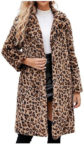 ABLYTMIAQ Faux Fur Coats for Women Uk Fashion Leopard Print Thick Fleece Winter Warmer Lapel Long Sleeve Cardigans Windbreak Longline Open Front Jacket with Pockets