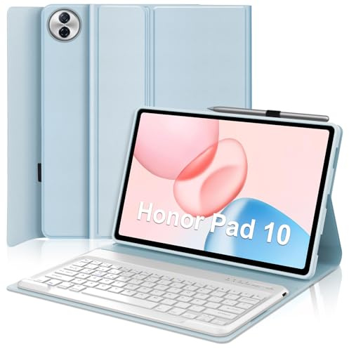 JADEMALL Funda con Teclado para Honor Pad 10 12.1 Pulgadas, Español Ñ Teclado Bluetooth Inalámbrico con Funda Protección Delgado y Portalápices para Tableta Honor Pad 10 12.1 2025, Azul Claro