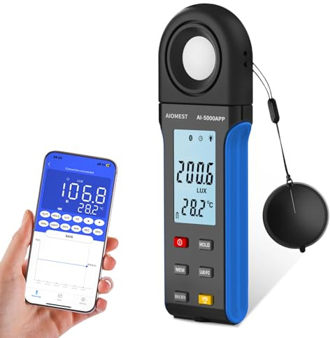 Light Lux Meter with Bluetooth, AIOMEST Digital Lumen Tester 0.1 Lux, 1-400,000 Lux/FC Range, 270° Rotated Sensor, Luxometer for Indoor Plant, Photography, Aquarium