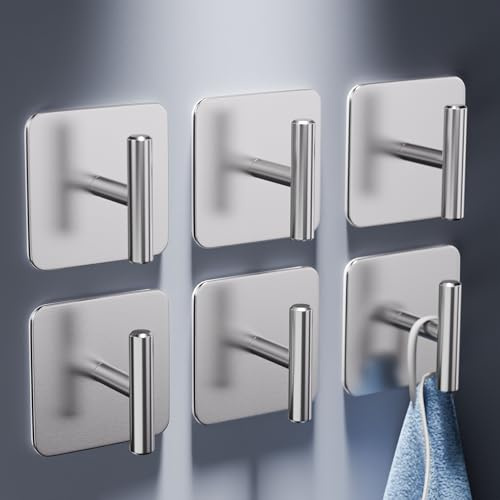 Aikzik Handtuchhalter ohne Bohren, 6er Set - Edelstahl Badezimmer Handtuchhalter, Klebehaken extra stark, Wasserfeste Handtuchhaken, Selbstklebend Haken für Bad und Küche