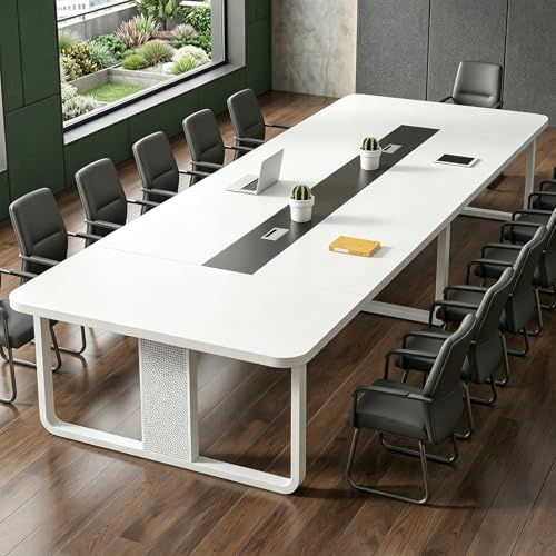 POPICK Tavolo Riunioni Ufficio con Passacavi, Bianco, 350 x 120 x 74 cm