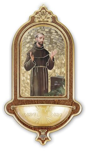 Fratelli Bonella - Acquasantiera in legno con dettagli in oro a caldo di San Francesco f.to 13,9 x 25,4 cm
