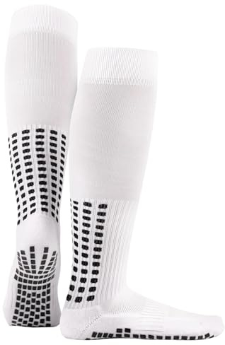 LUX SPORTS Men’s Anti Slip Knee White Football Socks - One Size UK 5.5-11 Knee-High - Non-Slip Dual Grip Sports Socks for Football, Hockey & Basketball