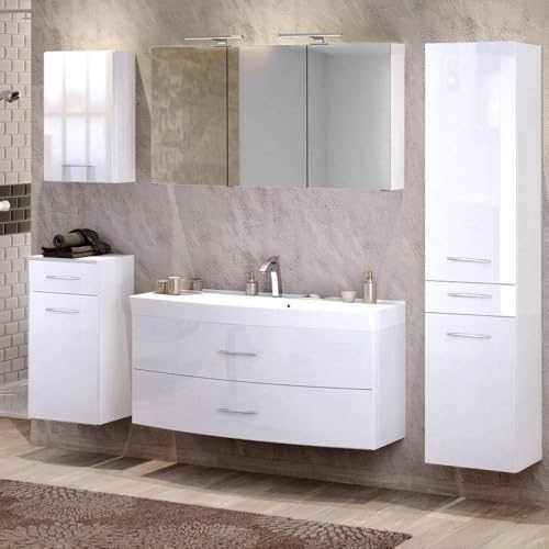 Lomadox Komplett Badmöbel Set in Hochglanz weiß 120cm Waschtisch & Unterschrank Waschbecken 3D Spiegelschrank & LED-Leuchten Steckdose Hochschrank Unterschrank Hängeschrank