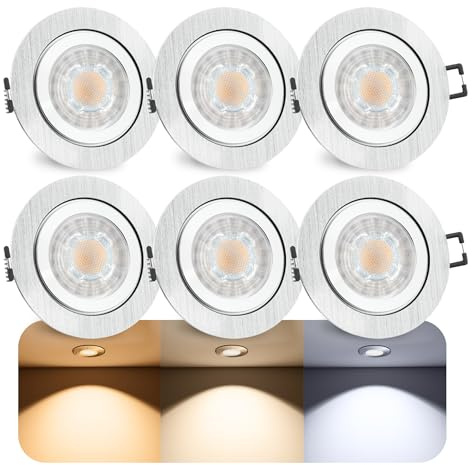 SSC-LUXon 6er Set RW-2 Bad Einbaustrahler GU10 LED dimmbar - mit tauschbarem LED GU10 7W warmweiß - Spot rund gebürstet IP44 Bad & Außen