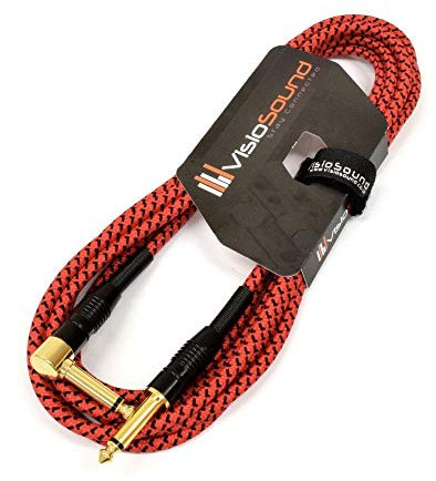 VisioSound Premium Tweed Guitar Bass Lead / 6.35mm 1/4 Angled Jack/Braided Instrument Cable (Red/Black, 3m)