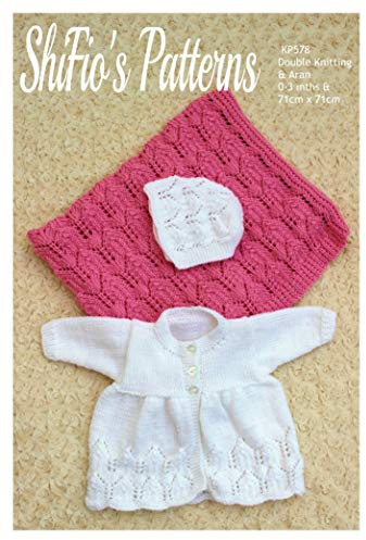 Strickmuster für Baby-Jacke, Motorhaube in Doppelstrick und passender Decke in Aran-Garn, Baby-Strickmuster, 0 bis 3 Monate, KP578