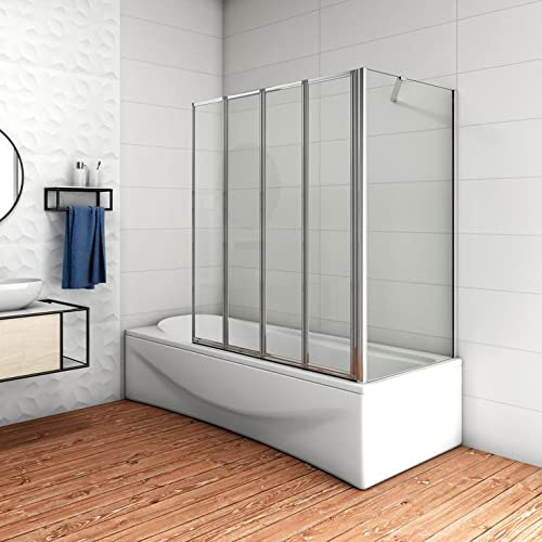 Mamparas de Bañera Biombo Plegable Cristal 4mm Gris Mate - 4 hojas plegable+lateral fijo 100x70x140cm