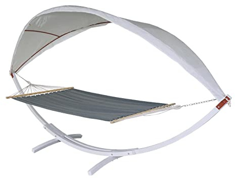 Mendler Hängematte HWC-J47 bis 200kg 420cm - weiß, grau | Hängeschaukel, Sonnendach, MVG-Holzgestell, 2 Personen