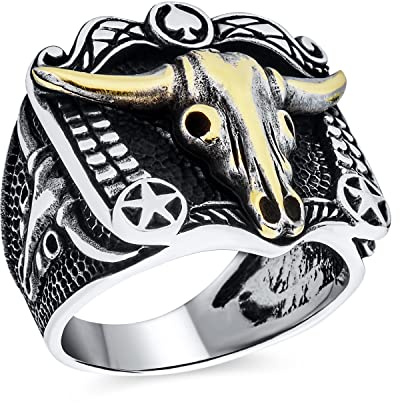 Herren Signetring Mit Braunem Tigerauge Schwarzem Onyx Ovalen Edelsteinen Im Western Stil Mit Texas Longhorn Büffelschädel Antilopen Ziegenkopf Aus .925 Sterlingsilber Hergestellt In Der Türkei