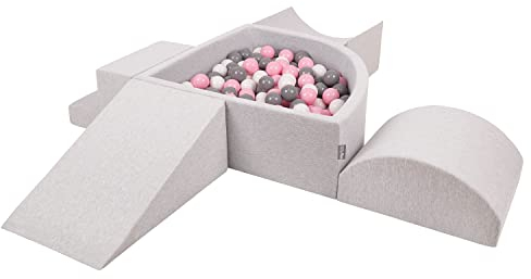 KiddyMoon Skumlekplats för barn med kvartal vinklad bollhav (200 bollar) hinderbana, ljusgrå: vit/grå/puderrosa