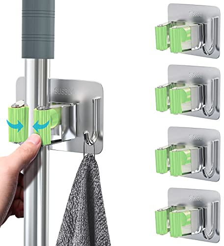 homeasy Mop Broom Holder, Stainless Steel Wall Mounted Rack, 4 Pcs, Green | 4 pcs self adhesive mop holders with hooks, waterproof stainless steel rack for bathroom, kitchen, garage and garden storage