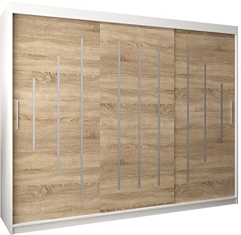 ABIKSMEBLE Armoire à Portes Coulissantes - Penderie York - Meuble Porte Coulissante - Largeur 250cm, Hauteur 200cm, Profondeur 62 cm - Blanc Mat + Chêne Sonoma