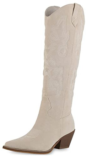VAN HILL Damen Leicht Gefütterte Cowboystiefel Stickereien Stiefel Spitze Holzoptikabsatz Schuhe Freizeit Booties 209991 Creme 40