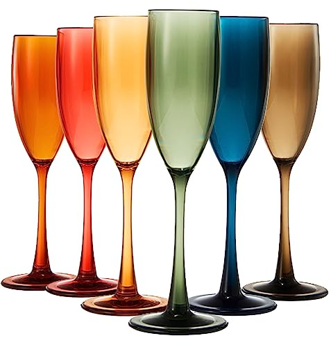European Style Plastic Acrylic, Champagne Flutes Glasses | Set of 6 | Colored Reusable Toasting Cups 100% Tritan Drinkware, 5 oz Dishwasher Safe BPA-free plastic, Perfect Poolside & Outdoors,