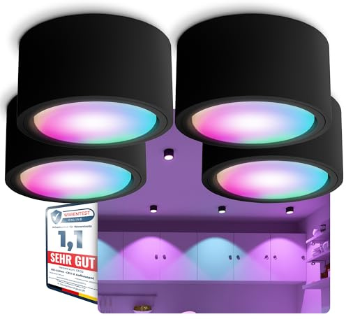 SSC-LUXon 4 Stück CELI-X Aufbauleuchten schwarz rund kompatibel mit Alexa, Siri & Google - Spotleuchte inkl. Smart LED RGBW GX53