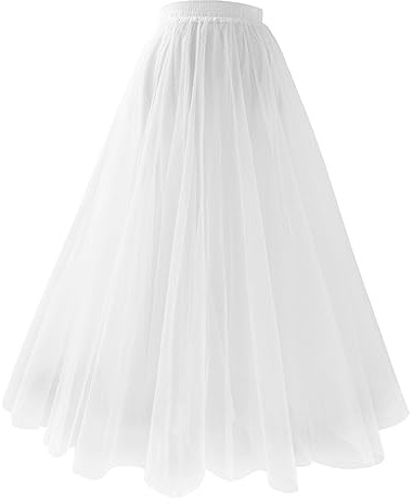 Women's Tutu Skirts - Layered Knee Length Tulle Midi Skirt, Princess Mesh Tulle A Line Pleated Ballet Bubble Dance Skirts, Elastic High Waist Underskirt Evening Gown Prom Wedding Skirt White