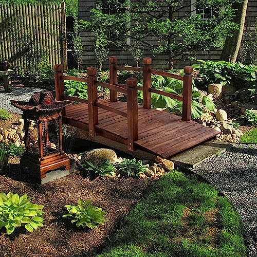 Gruytoie Pont De Jardin en Arc, Passerelle en Bois Teinté avec Rails pour Longueur Extérieure, Décoration Classique pour Paysage, Étang De Ruisseau Ou Ferme, Couleur De Carbonisation Marron