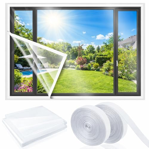 Beeveer Kit de aislamiento de ventana, película transparente cortable con correas adhesivas, plástico reutilizable para invierno, grueso, térmico, impermeable, cubierta de aislamiento de ático,
