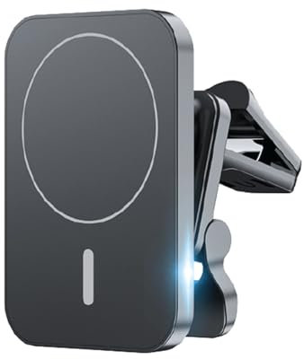 4-OK Cargador de Coche inalámbrico Magnético 15 W, Compatible Carga Magnética por Inducción QI, Compatible con iPhone 12,13, 14 y 15 Series. Sujeción Rejilla ventilación.