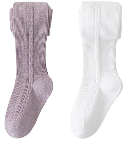 Fadcaer 2 Pack Warm Tights for Girls' Kids Girls School Tights Cozy Warm Girls Tights,Ballet Tights Girls Knit Cotton Rich Girls Kids Leggings Pantyhose for 5-8 Years (White+Purple)