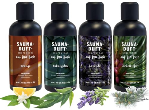 Wellnessmax Bio Saunaaufguss 4er Set Sauna Zubehör 4x100ml Sauna Aufguss. Mit unserem Wellnessmax 4er Sauna Aufguss Set erhalten Sie