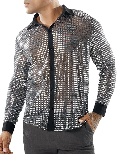 AIEOE Herren Glitzer Hemd Langarm Retro Party Hemd 70er Disco Kostüm Fasching Oberteile Pailletten Shirt Silber Herstellgröße 3XL
