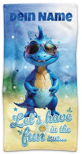 PR Print Royal Kinder-Handtuch mit Name personalisiert - Dino, Geschenk für Jungen, Schwimmunterricht, Handtuch Personalisieren | 70 x 140 cm