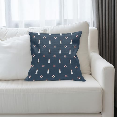 ABAKUHAUS Leuchtturm Kissenbezug, Meeres Design Leuchttürme und Rettungsringe Symmetrisch Minimalistisches Muster, Kissenhülle mit Reißverschluss Beidseitiger Druck, 50 x 50 cm, Petrol Blau Weiß Rot