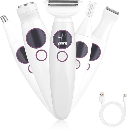 5 in 1 Rasierer Damen,Gesichtshaarentferner für Frauen,Intimrasierer für Frauen,Rasierer Damen Elektrisch mit Digitalanzeige,USB-Ladefunktion,Wasserdichter Frauentrimmer für Gesicht,Achseln und Beine