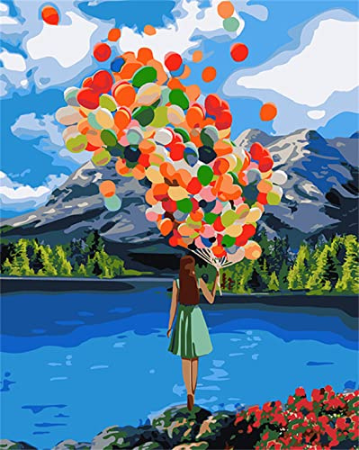 CaptainCrafts Paint by Numbers, Painting by Number for Adult Have Paintbrushes Acrylic Pigment 16x20 Inch House Art Deco Crafts (with Frame, Girl with Colorful Balloons)
