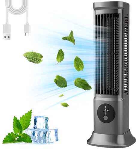 Hintyne Ventilatore a torre da 11,5 oscillante silenzioso, ventola di raffreddamento a 3 velocità per stanza, ventilatore da pavimento orizzontale/verticale a 90°, ventilatore senza pale USB,Grigio