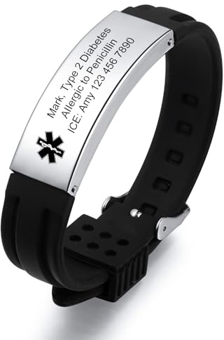 INBLUE Personalisierte Medizinische Alarm Armbänder für Männer Individuelle ID Armbänder Notfall ID Einstellbare Silikon Armband Armbänder mit Gravur Text ID Armbänder für Ältere - B1