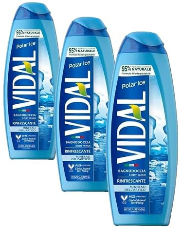 Vidal - Bagnoschiuma Polar Ice, Formula Rinfrescante, Arricchito con Minerali dell'Artico, Dermatologicamente Testato, 500ml (Confezione da 3)