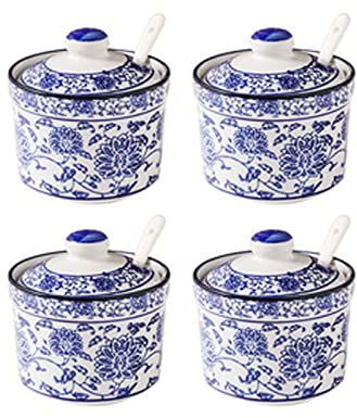 EOTRERANQ Sucrier, sucrier Chinois en Porcelaine Bleue et Blanche avec Couvercle, sucrier en Porcelaine avec cuillère, Petit Pot à sel, for Bar à café, Restaurant-Bleu et Blanc-Simple Bocaux(Blu)