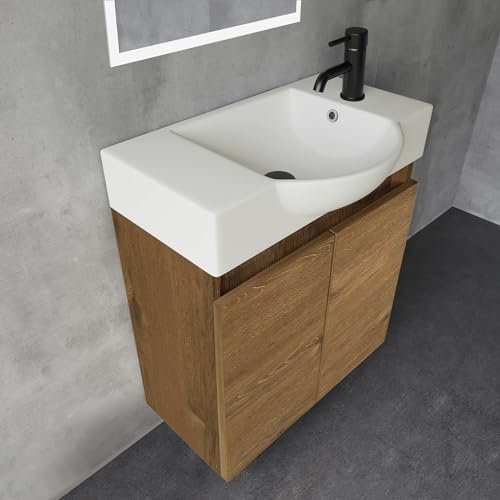 Alpenberger Waschtisch mit Unterschrank 55 cm Breit | Waschbecken mit Unterschrank Bad Möbel Modern Set | Kleines Waschbecken Gäste WC Möbel | Waschbeckenunterschrank Badezimmermöbel (Eiche)