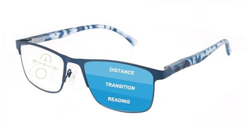 OKH Progressive Multifocal Reading Glasses Blue Light Blocking for Men Varifocal Rectangle Eyewear Readers Anti Glare Eye Strain Multi Focus Reading Eyeglasses (Blue +2.0)