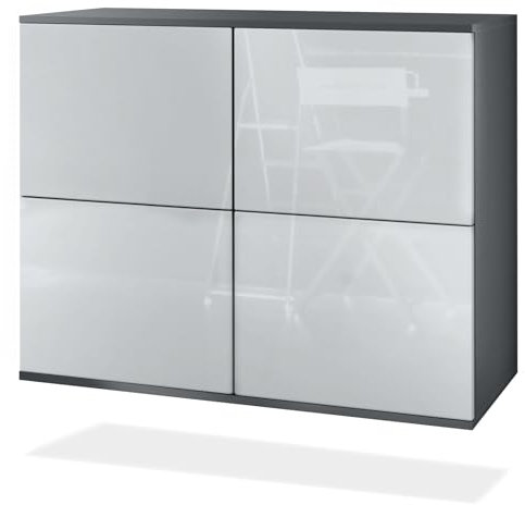 Vladon Kommode Rova V3, Moderner Küchenschrank mit 4 Push-to-Open Türen Anthrazit matt/Weiß Hochglanz (92,5 x 73.5 x 35)