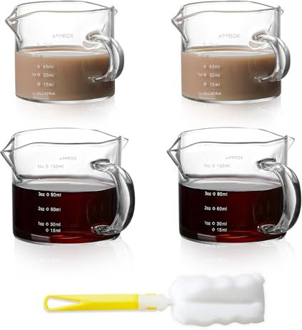 WATUNID 4 Pcs Espresso Cups with Cleaning Brush, 75/150ML Espresso Shot Glasses with Handle, Clear Glass Milk Frothing Pitcher, Measuring Cup with Dual Scale, Espresso Accessories for Espresso Machine