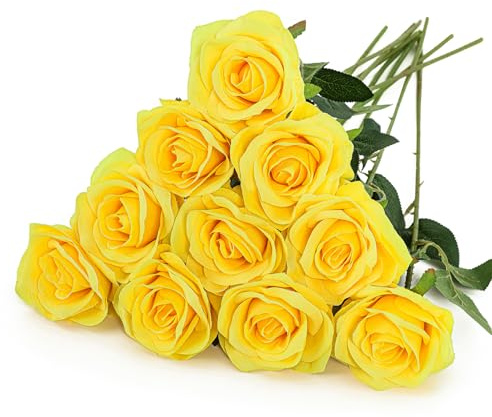 10 Stück Künstliche Rosen Fake Seidenrose für Hochzeits und Heim Dekor | Reines Gelb Langer Stiel Realistische Rosen 54cm Schaumrosen für DIY Bastelblumen Hochzeits Brautsträuße Dekor