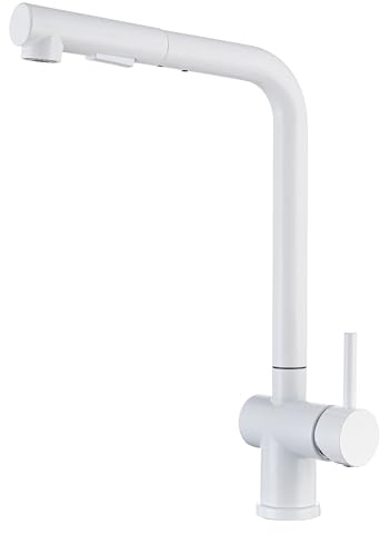 EGSO Grifo de Cocina Blanco, Grifo de Cocina Extraíble, Grifo de Fregadero Giratorio 360°, Acero Inoxidable, 2 Tipos de Chorro de Agua